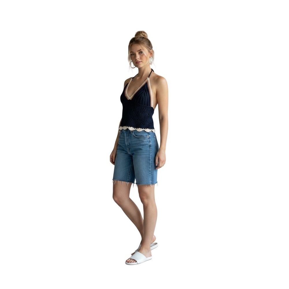 En Crème Navy/Ivory Crochet Sweater Halter Tie Straps Festival Boho‎ Jrs. Medium